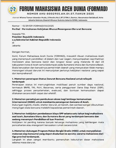 Forum Mahasiswa Aceh Dunia Desak Presiden Prabowo Tetapkan Status Darurat Bencana Nasional