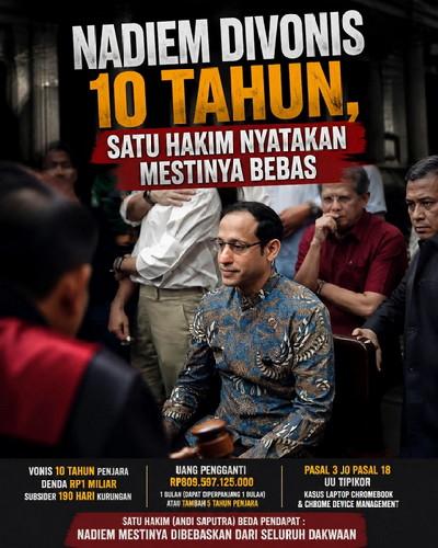 Vonis Nadiem Makarim 10 Tahun Diwarnai Dissenting Opinion, Satu Hakim Minta Dibebaskan