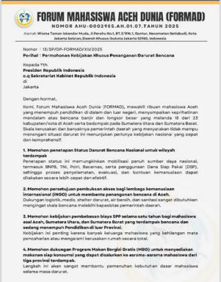 Forum Mahasiswa Aceh Dunia Desak Presiden Prabowo Tetapkan Status Darurat Bencana Nasional