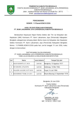 Empat Kandidat Lolos Uji Kelayakan dan Kepatutan Calon Komisaris PT Bumi Laksamana Jaya Perseroda Bengkalis