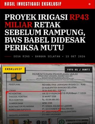 Proyek Irigasi Rp43 Miliar Retak Sebelum Rampung, BWS Babel Didesak Periksa Mutu